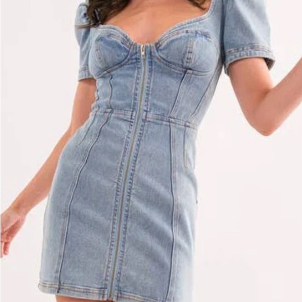 Signature 8 Denim Zip Up Bustier Puff Sleeve Dress